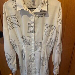 CBR Womens tailored button down white silk shirt with black writing Size L